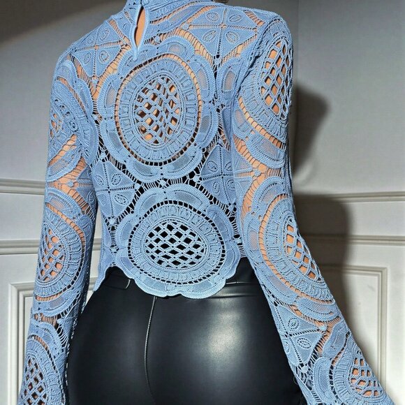 Casual Baby Blue Women's Mandarin Collar Lace Bell Sleeve Blouse - Picture 2 of 5